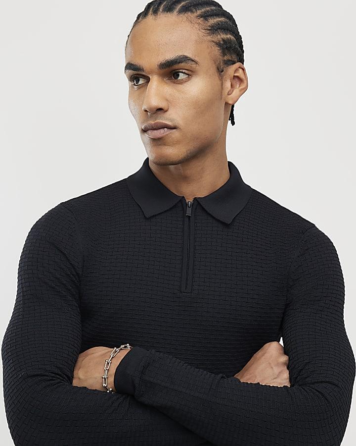 River Island Black Muscle Fit Hexagon Polo Shirt