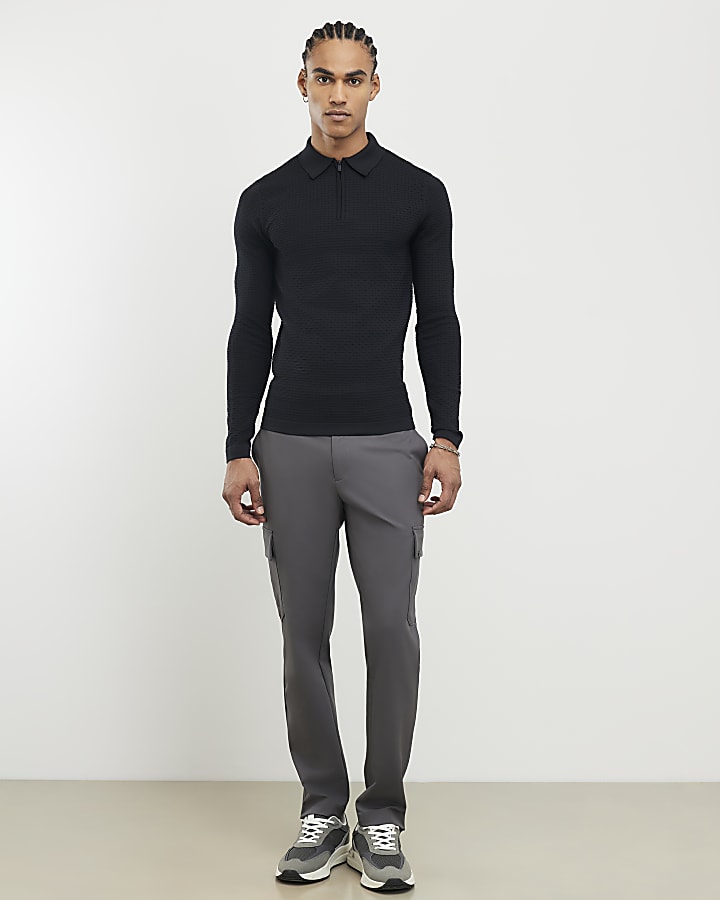 River Island Black Muscle Fit Hexagon Polo Shirt