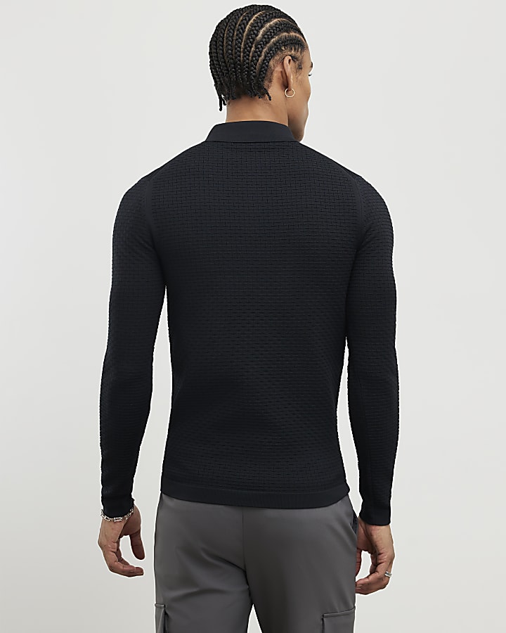 River Island Black Muscle Fit Hexagon Polo Shirt