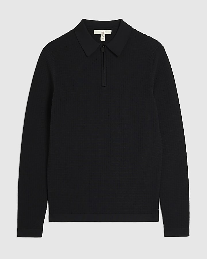 river island Black Muscle Fit Hexagon Polo Shirt