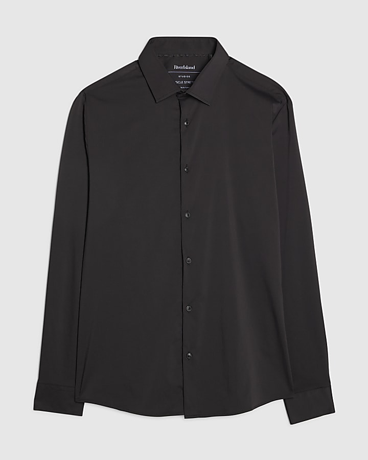 river island Black Muscle Fit Long Sleeve Shirt