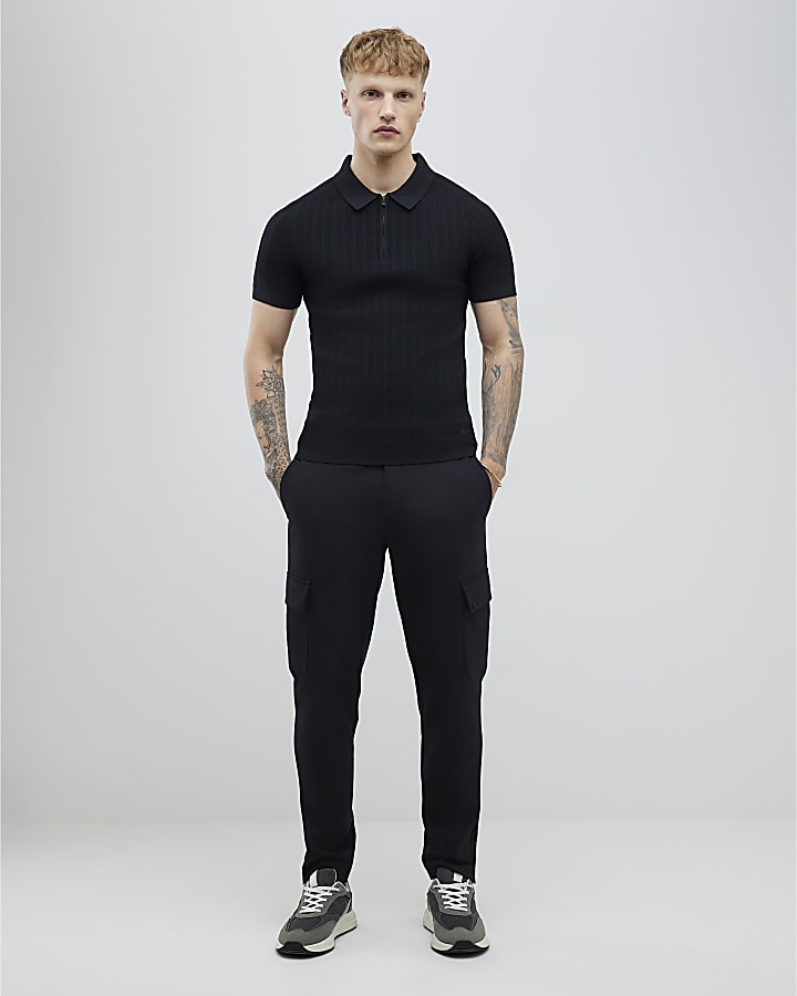 River Island Black Muscle Fit Ribbed Polo Shirt