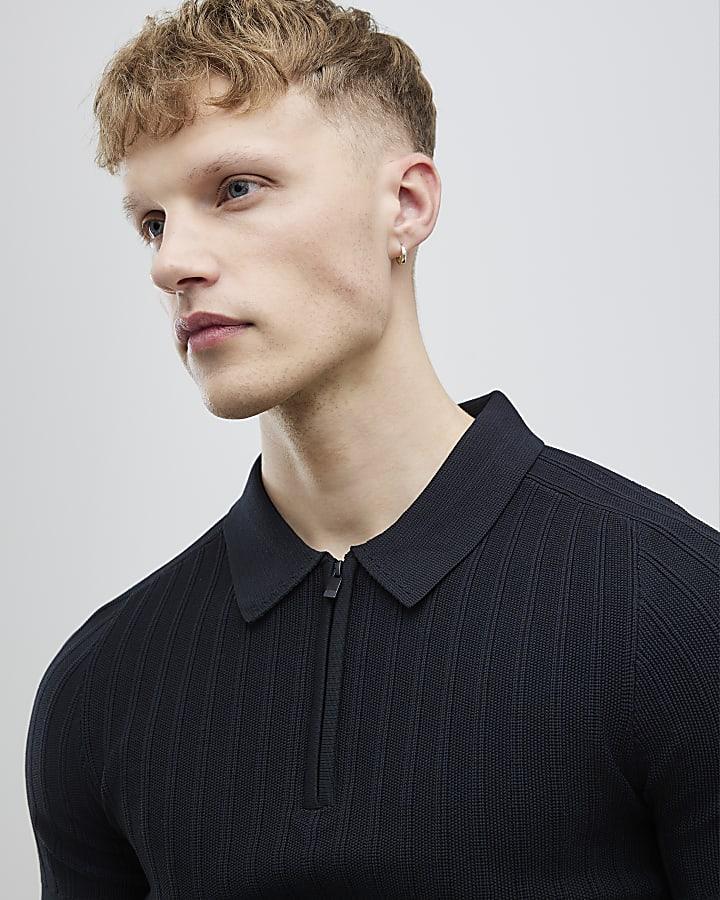 River Island Black Muscle Fit Ribbed Polo Shirt
