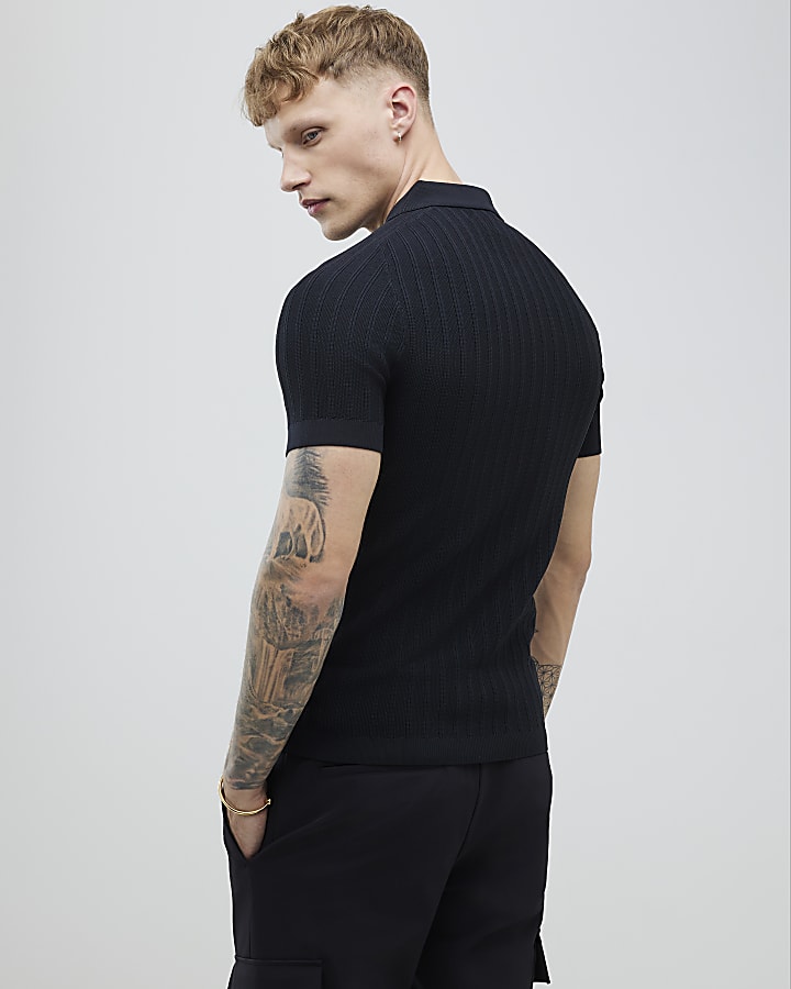 River Island Black Muscle Fit Ribbed Polo Shirt