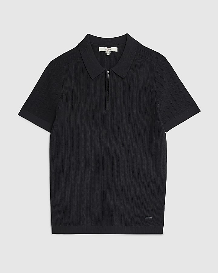 river island Black Muscle Fit Ribbed Polo Shirt