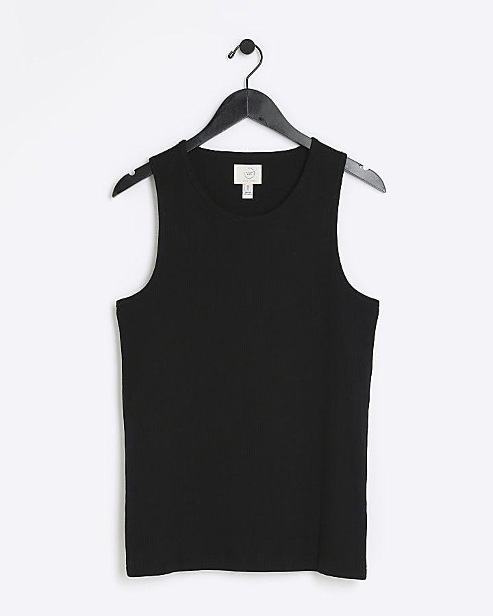 river island Black muscle fit stretch Rib Vest