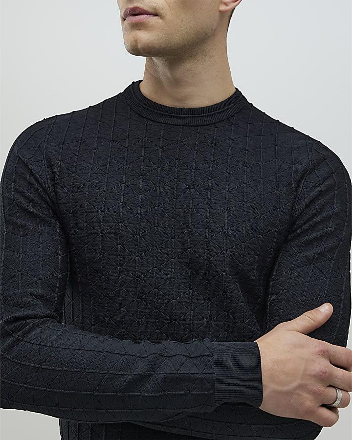 River Island Black Muscle Fit Textured Jumper