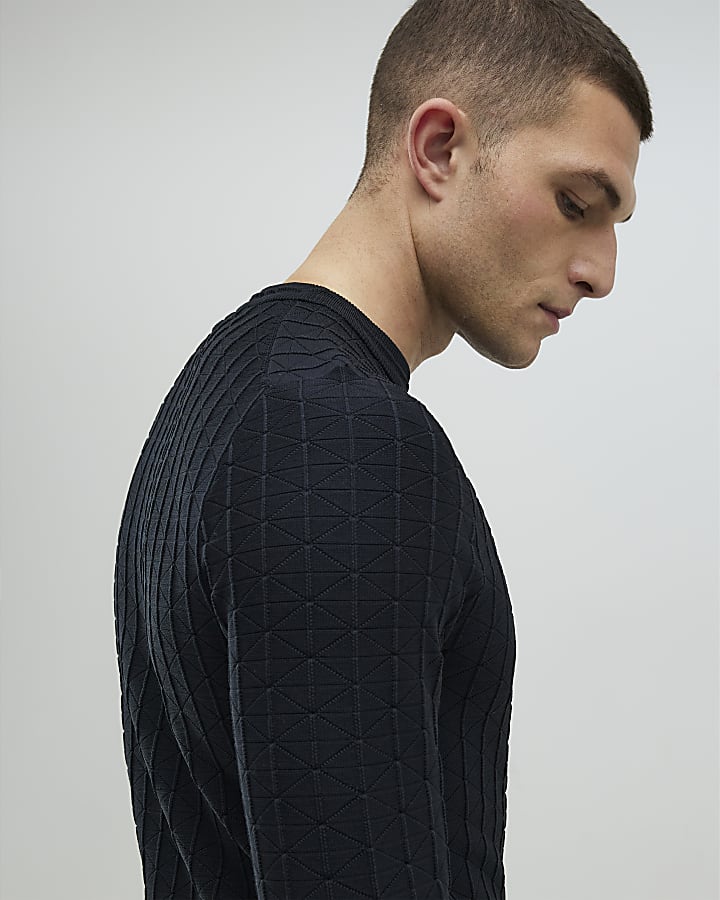 River Island Black Muscle Fit Textured Jumper