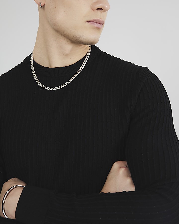 River Island Black Muscle Fit Textured Jumper