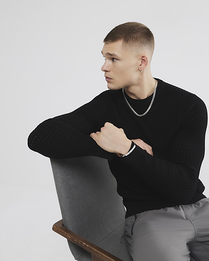 River Island Black Muscle Fit Textured Jumper