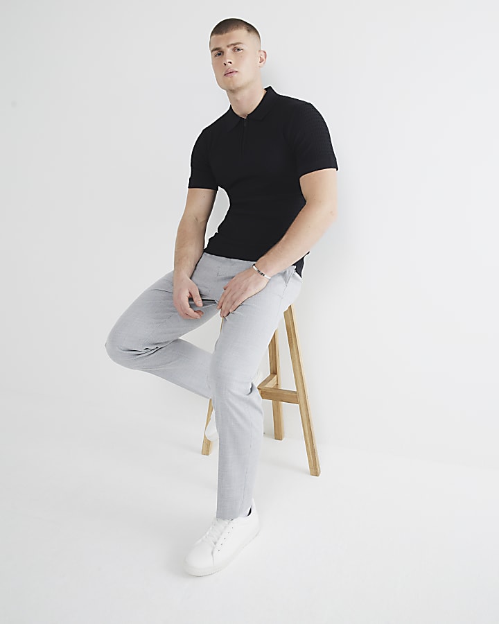 River Island Black Muscle Fit Textured Polo Shirt