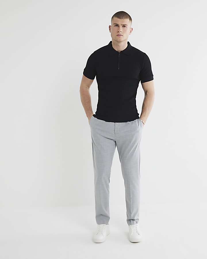 River Island Black Muscle Fit Textured Polo Shirt