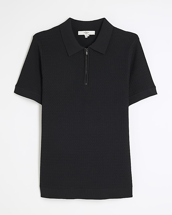 river island Black Muscle Fit Textured Polo Shirt