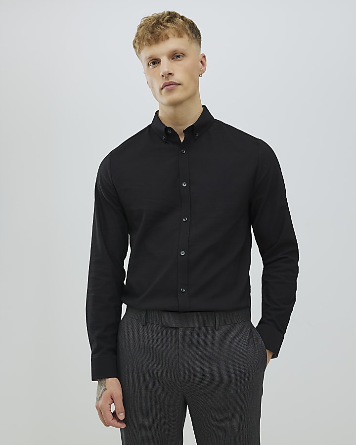 River Island Black Muscle Fit Textured Shirt
