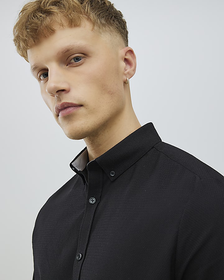 River Island Black Muscle Fit Textured Shirt