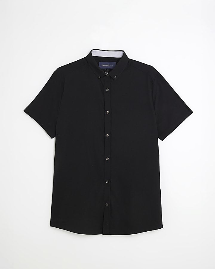 river island Black Muscle Fit Textured Shirt