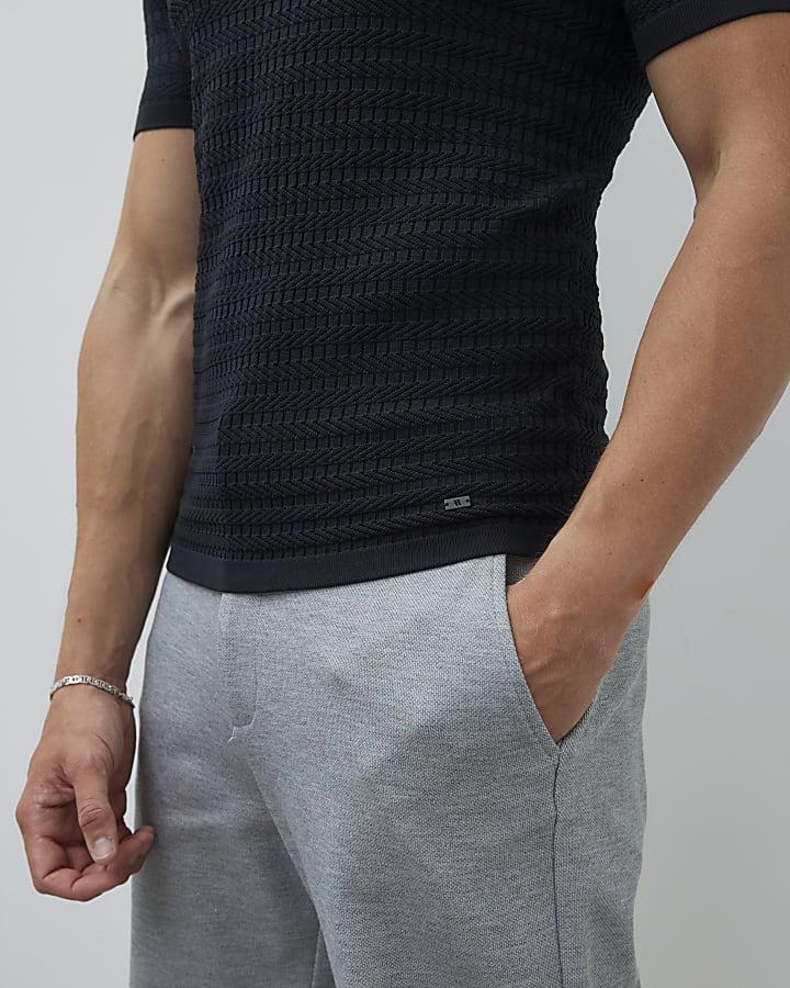 River Island Black Muscle Fit Textured T-Shirt
