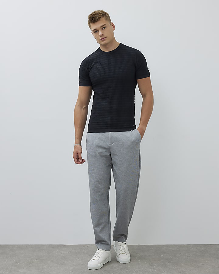 River Island Black Muscle Fit Textured T-Shirt