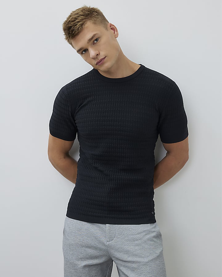 River Island Black Muscle Fit Textured T-Shirt