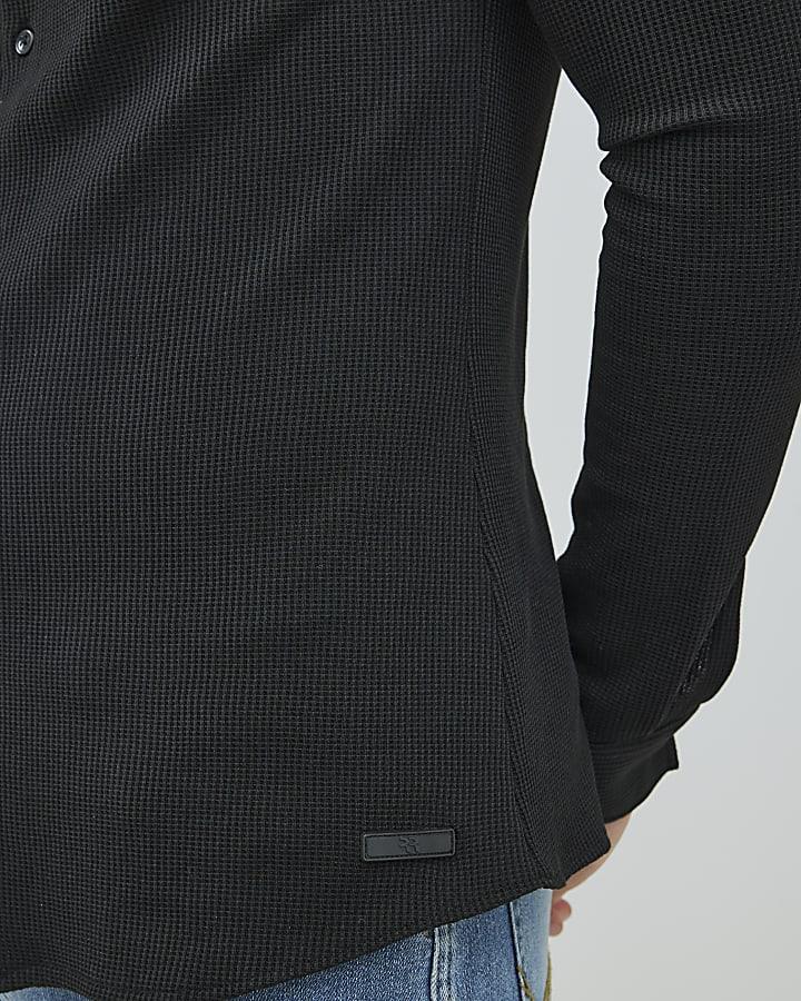 River Island Black Muscle Fit Waffle Shirt