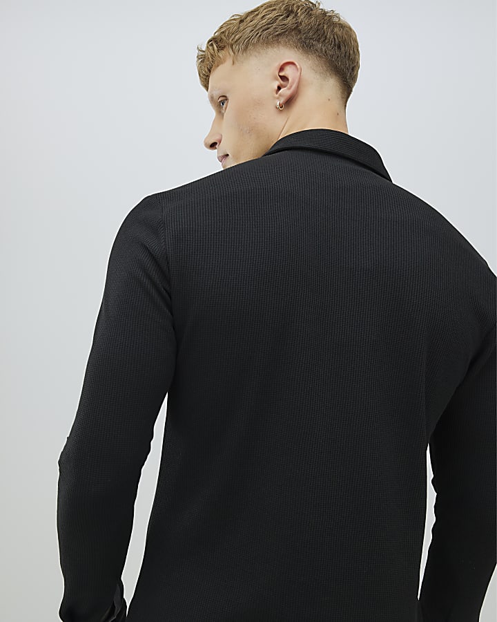 River Island Black Muscle Fit Waffle Shirt