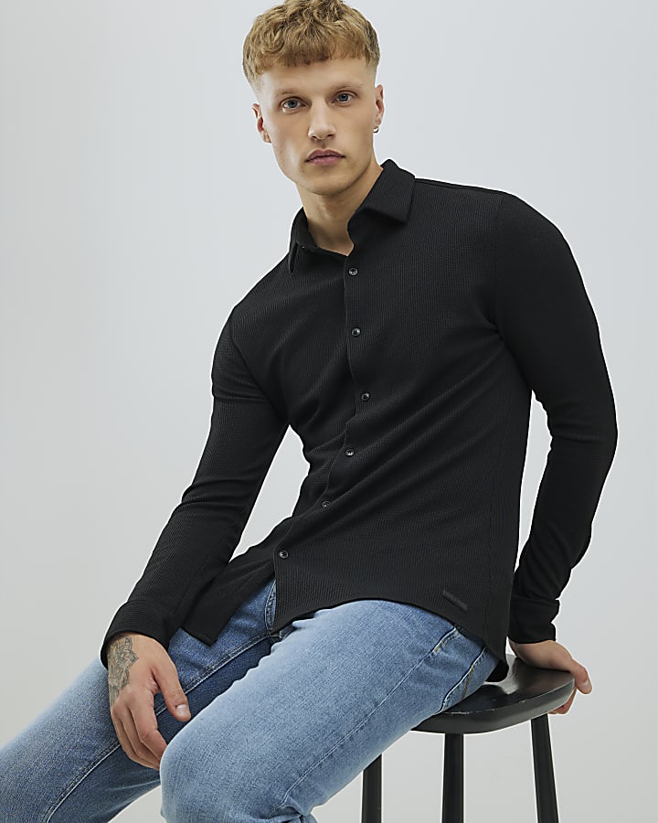 River Island Black Muscle Fit Waffle Shirt