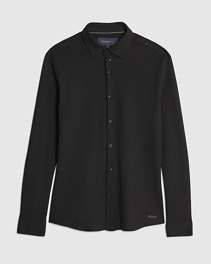 river island Black Muscle Fit Waffle Shirt