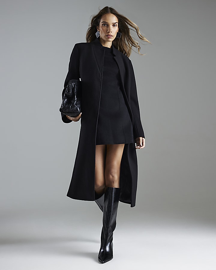 River Island Black Notch Collar Belted Wrap Coat
