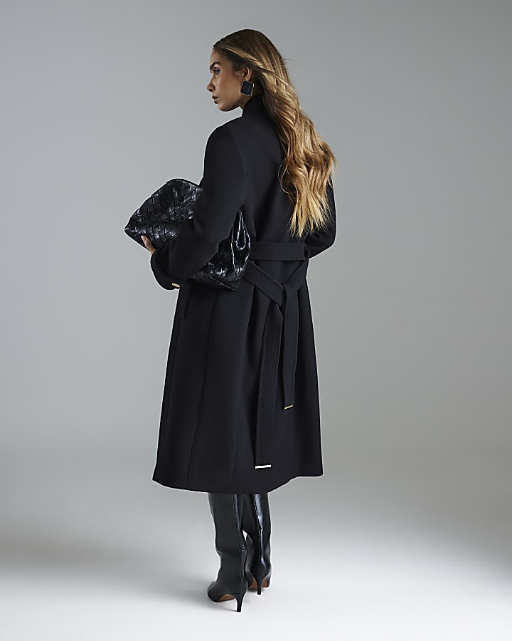 River Island Black Notch Collar Belted Wrap Coat