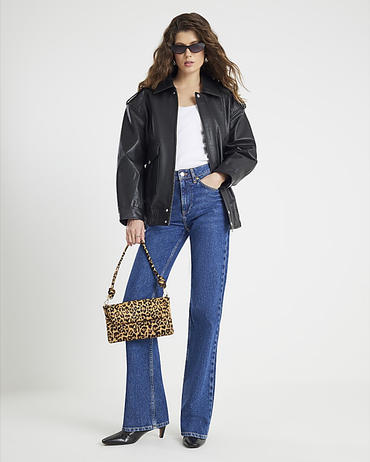 River Island Black Oversize Leather Bomber Jacket