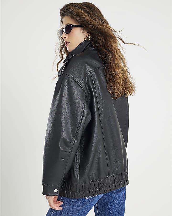 River Island Black Oversize Leather Bomber Jacket