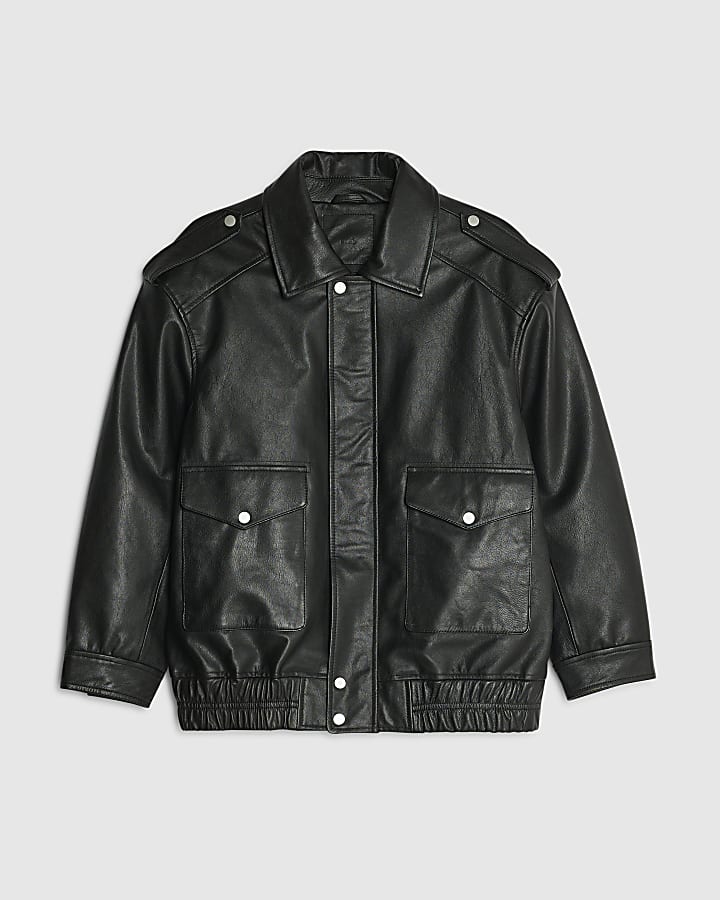 river island Black Oversize Leather Bomber Jacket