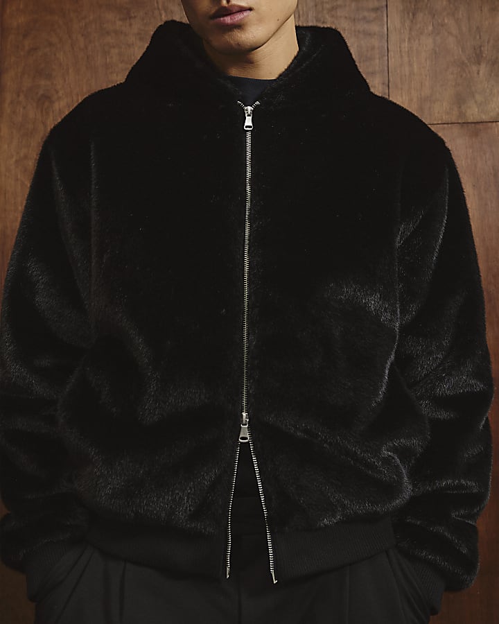 River Island Black Oversized Fit Faux Fur Hoodie