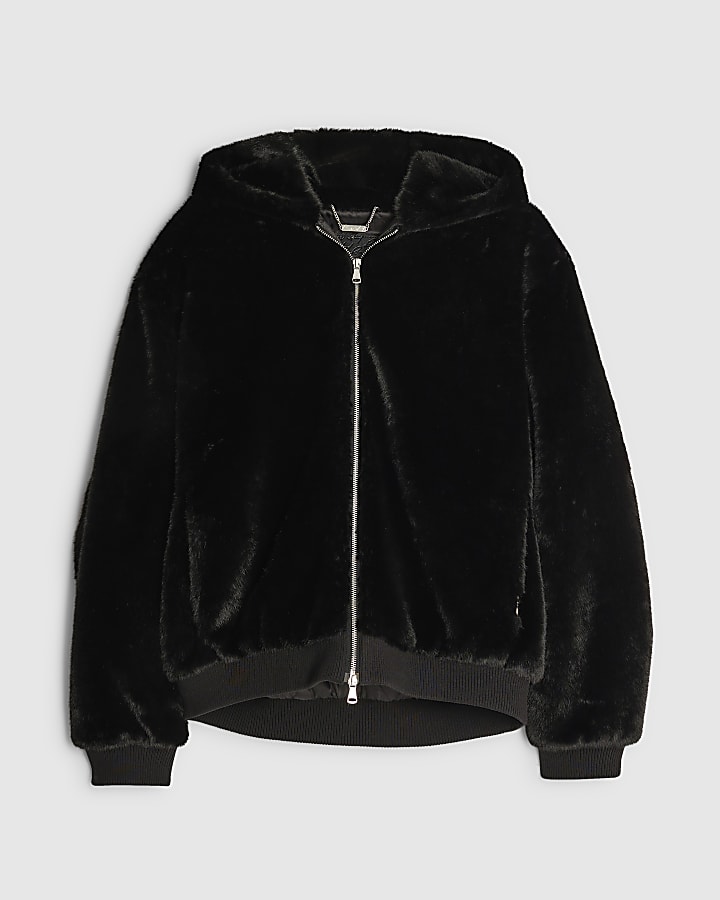 river island Black Oversized Fit Faux Fur Hoodie