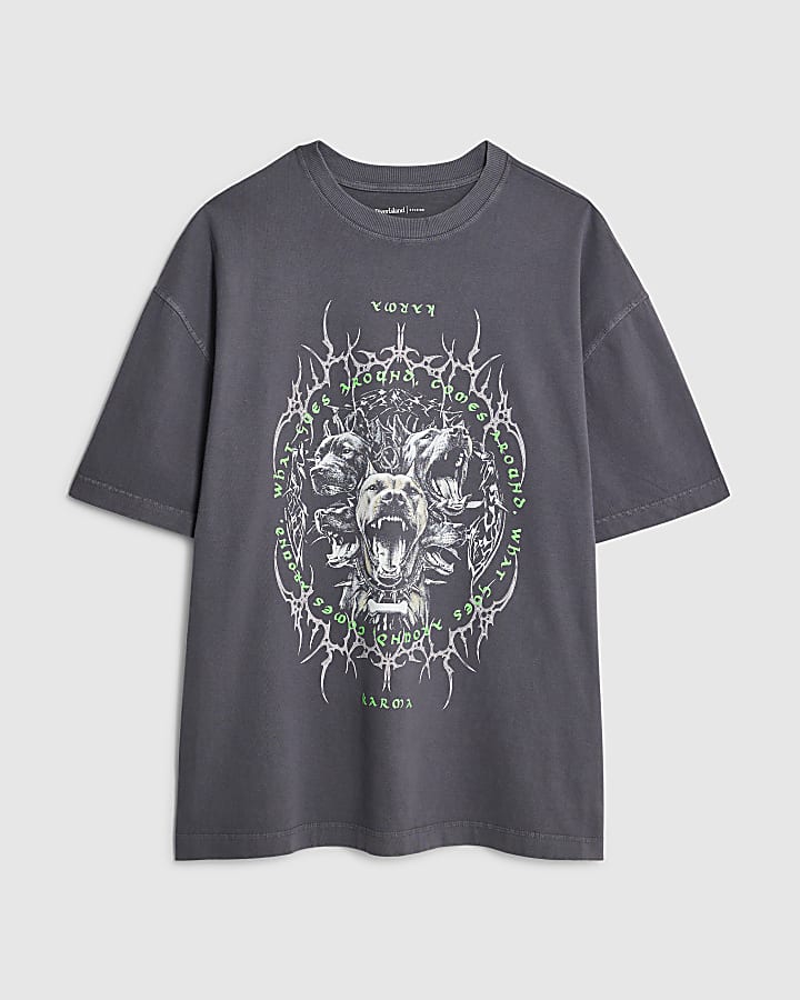 river island Black Oversized Fit Karma Dog T-Shirt