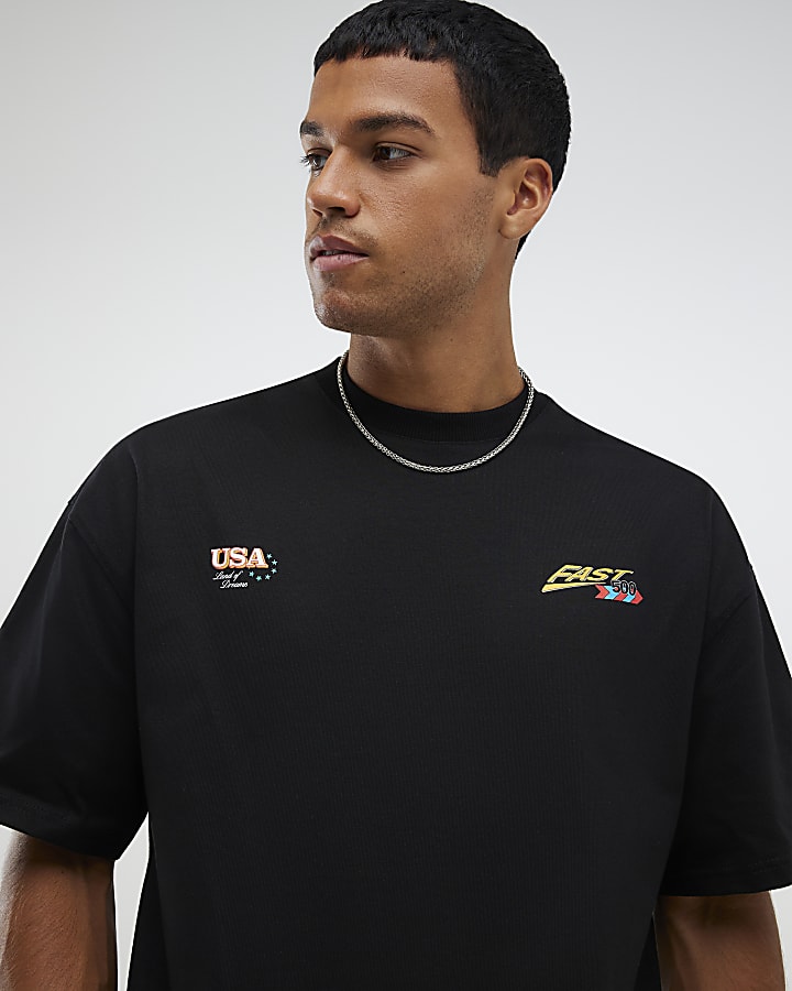 River Island Black Oversized Fit USA Badge T-Shirt
