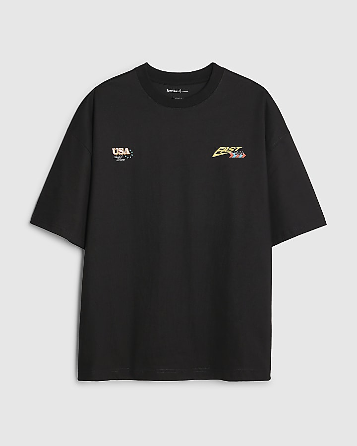 river island Black Oversized Fit USA Badge T-Shirt