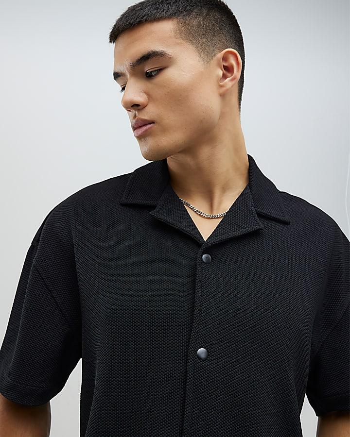 River Island Black Oversized Fit Waffle Shirt