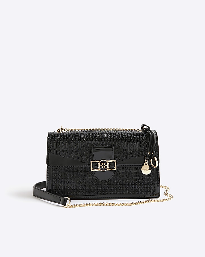 River Island Black Patent RR Panelled Shoulder Bag