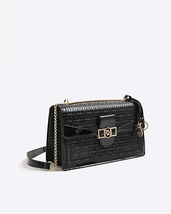 River Island Black Patent RR Panelled Shoulder Bag