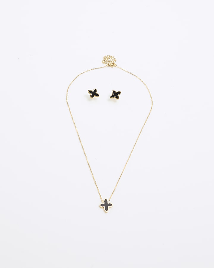 River Island Black Petal Earring And Necklace Set