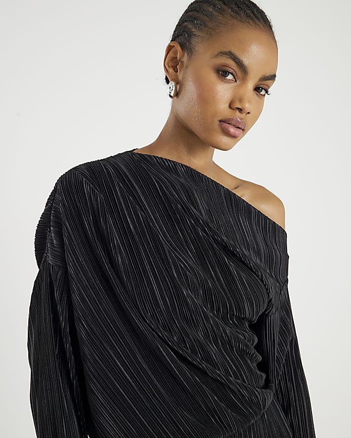 River Island Black Plisse Long Sleeve Midi Dress