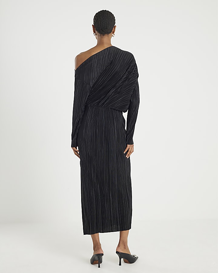 River Island Black Plisse Long Sleeve Midi Dress