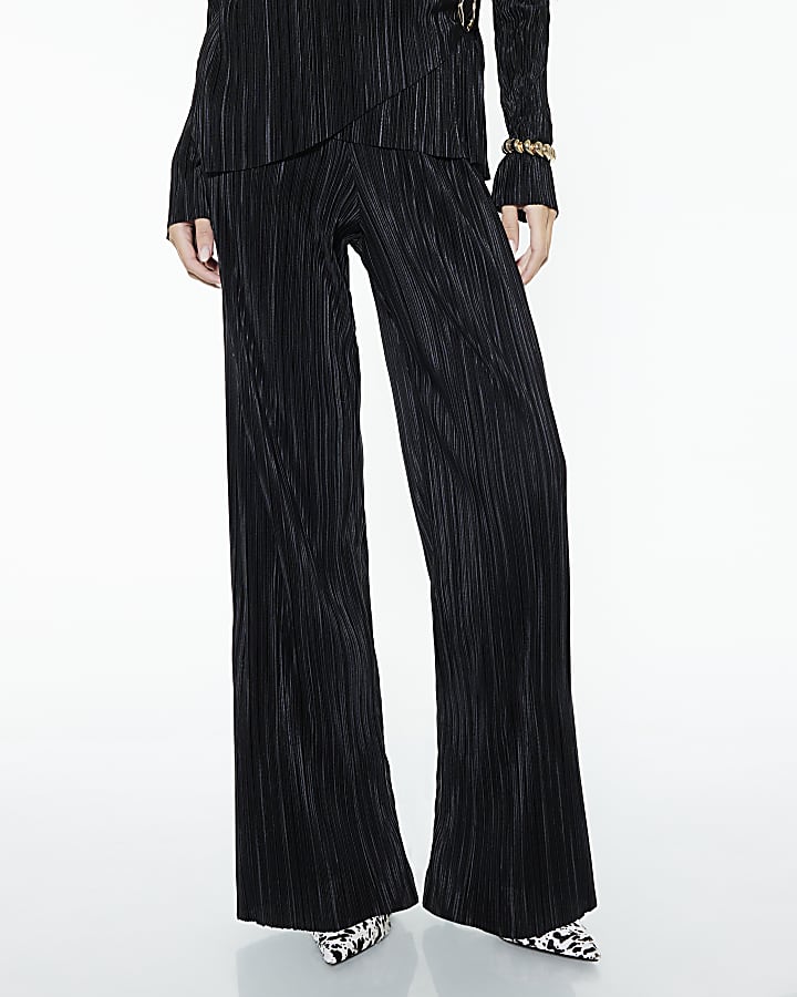 River Island Black Plisse Wide Leg Trousers