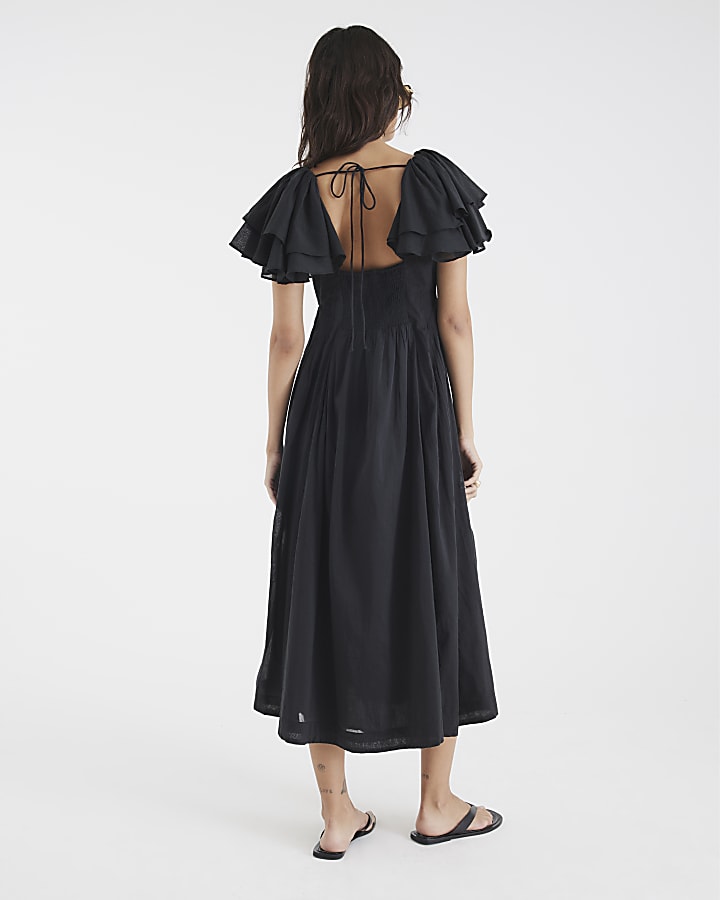 River Island Black Premium Flutter Midi Dress