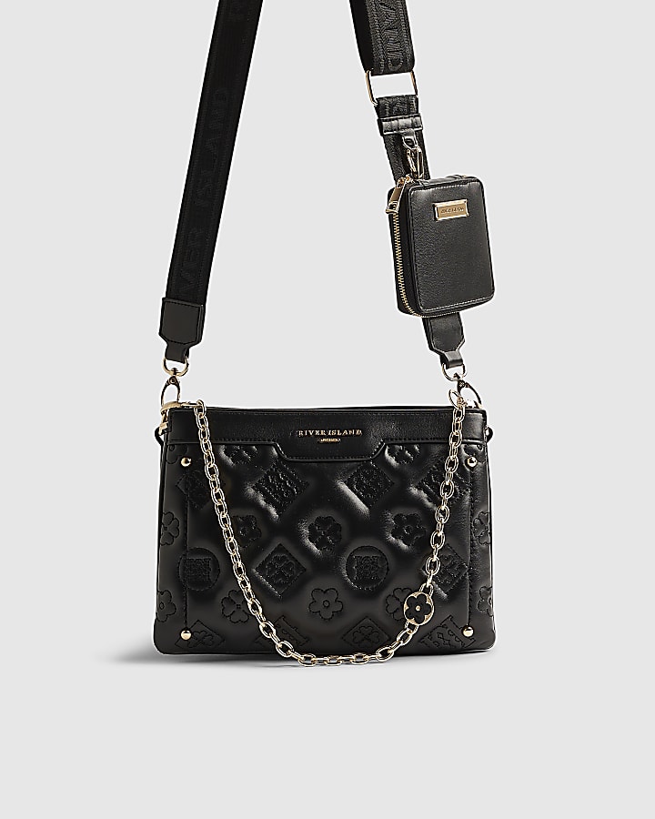River Island Black Quilted Monogram Crossbody Bag