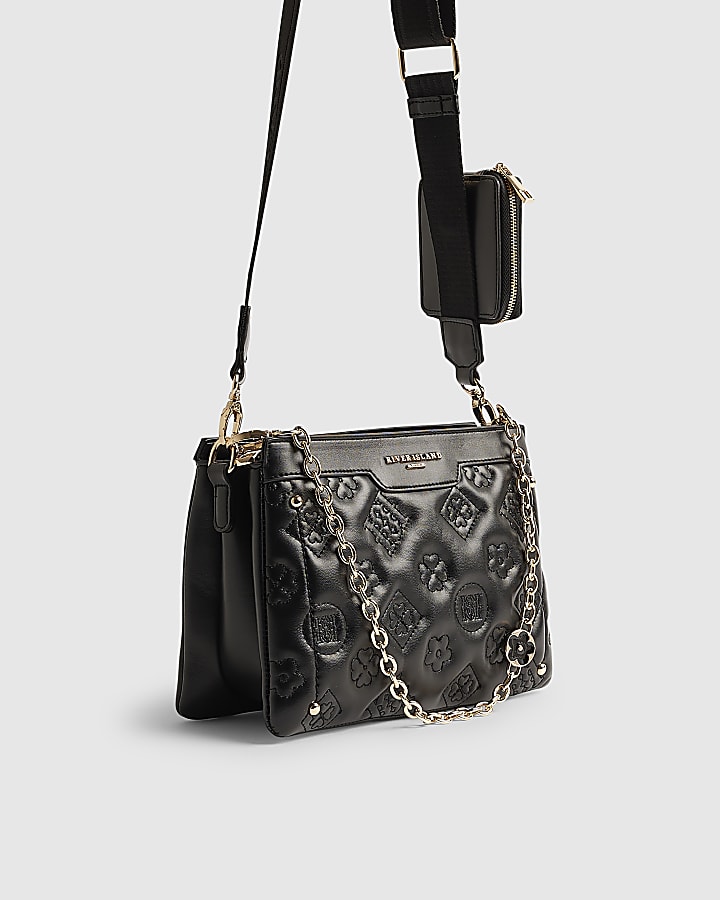 River Island Black Quilted Monogram Crossbody Bag