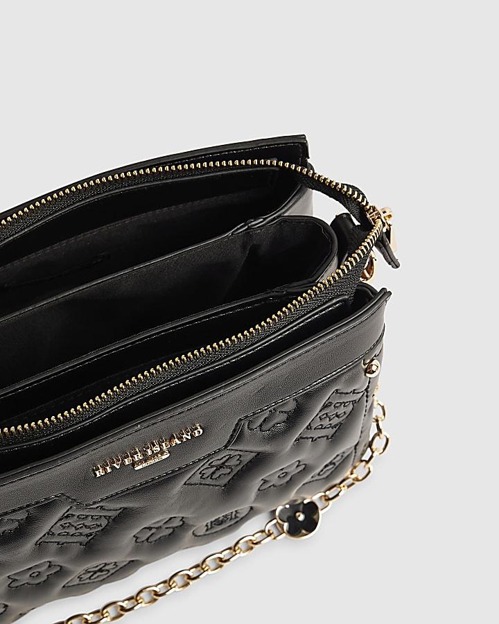 river island Black Quilted Monogram Crossbody Bag