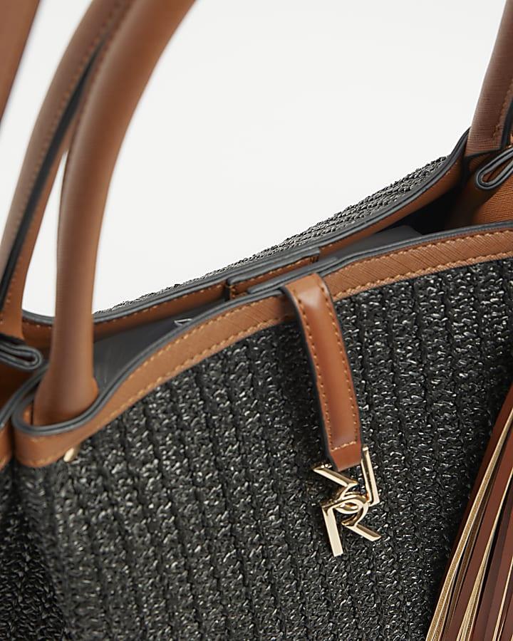 river island Black raffia large tote bag