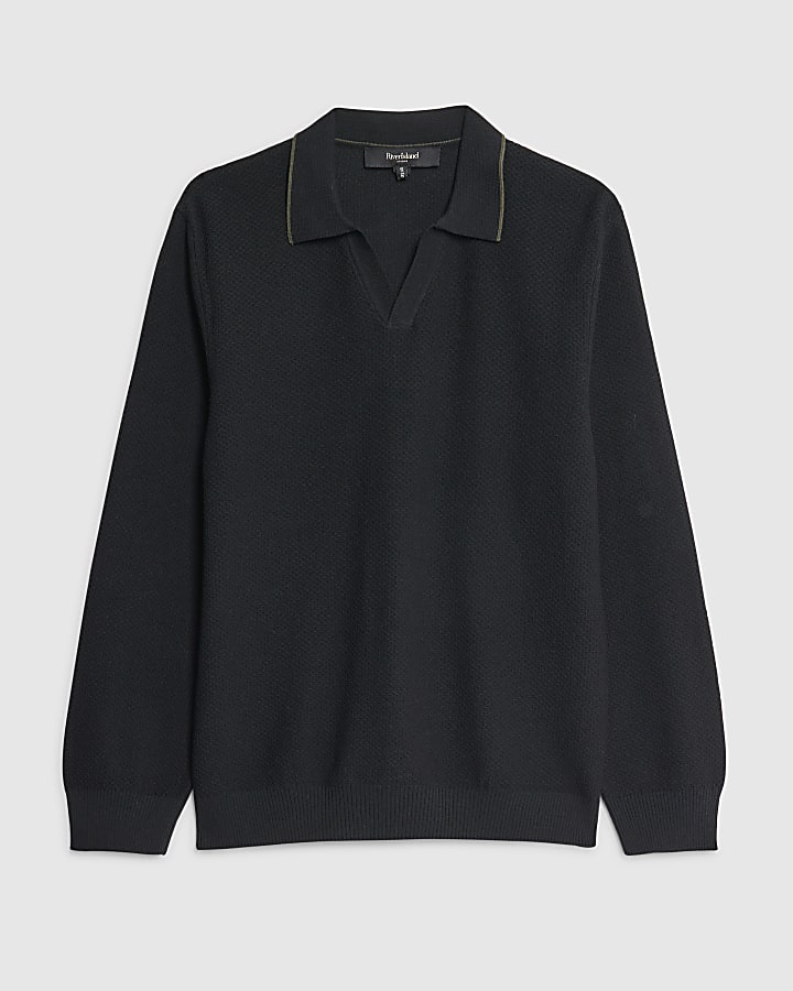 river island Black Regular Fit Open Collar Jumper